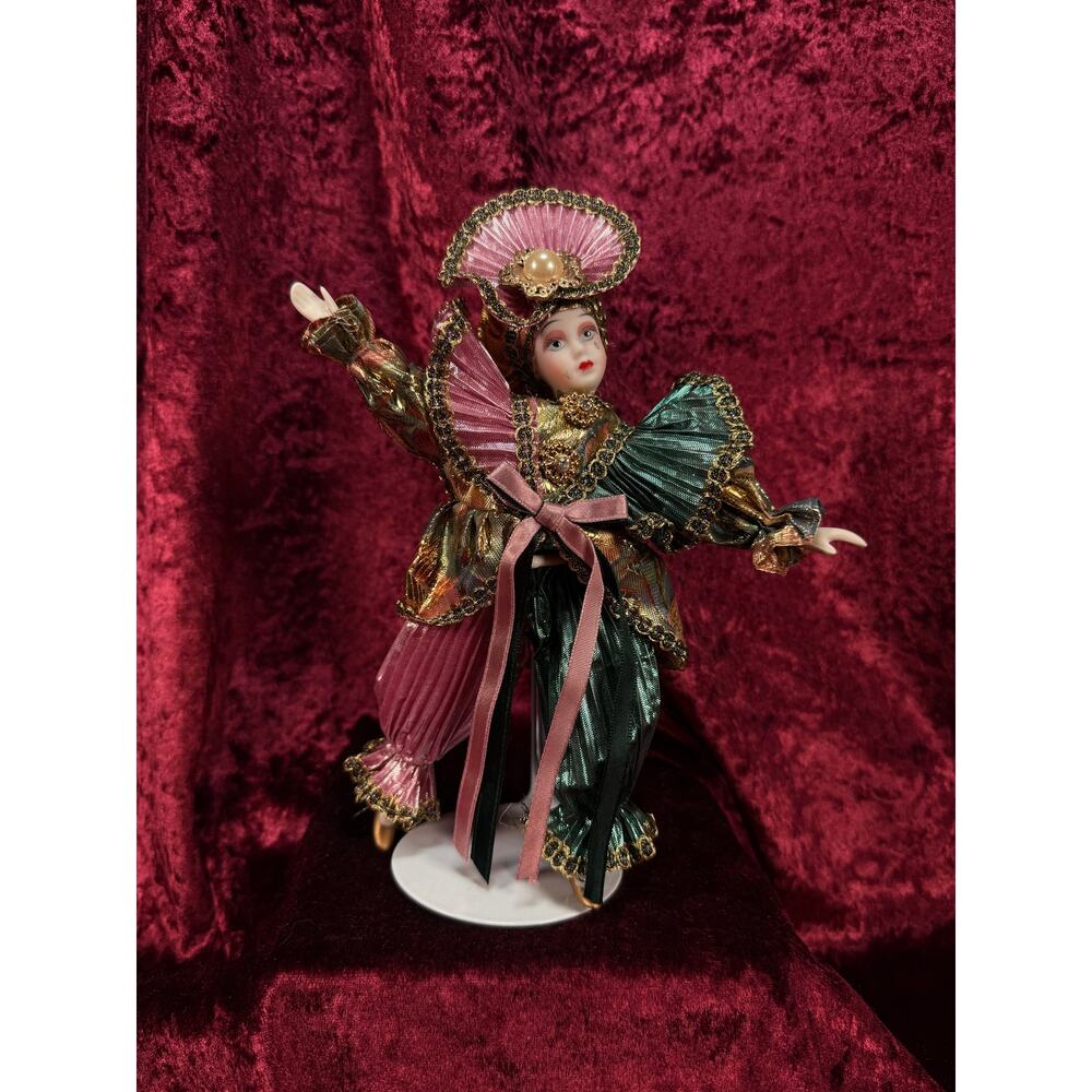Vintage Porcelain Jester Doll Metallic Pleated Renaissance Figure Pink Teal Gold